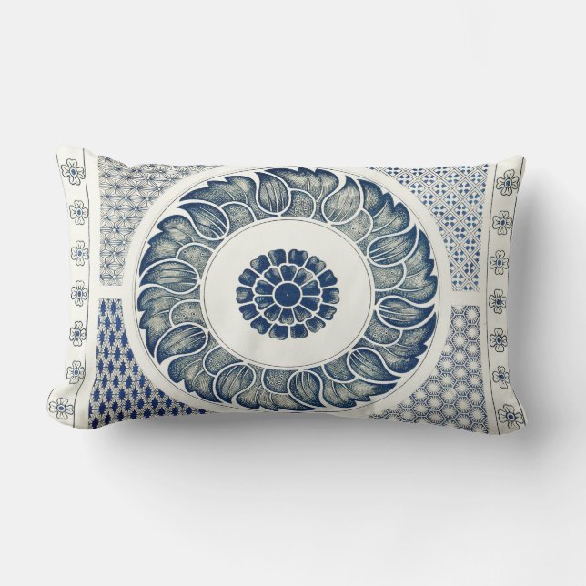 Coussin Rectangle Médaillon Chinois : Chinoiserie Bleu Indigo (Recto)