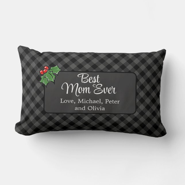 Coussin Rectangle Meilleure maman de Noël classique gris Plaid Holly (Recto)