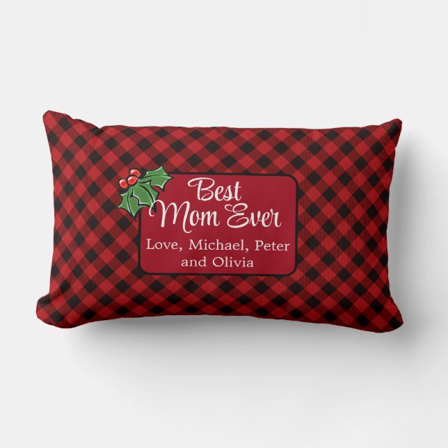 Coussin Rectangle Meilleure maman de Noël classique Red Plaid Holly (Recto)