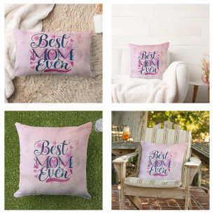Coussin Rectangle Meilleure Maman Ever Cœurs Roses Papillons et Flor