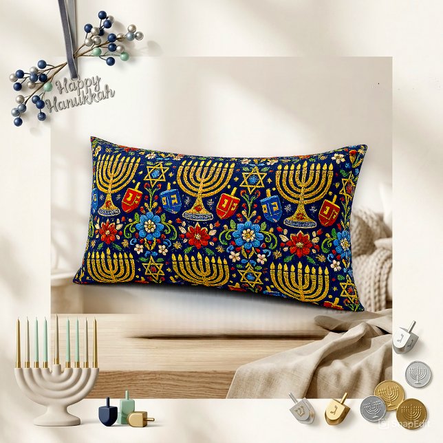 Coussin Rectangle Menorah pour hommes brodée de bleu orné (Créateur téléchargé)