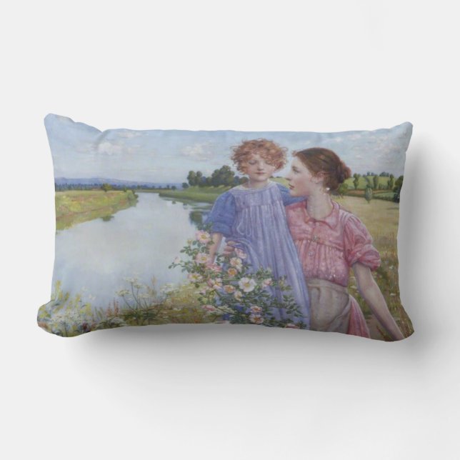Coussin Rectangle Mère et enfant au bord d'une rivière avec des Rose (Recto)