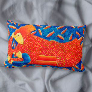 Coussin Rectangle Mère et fils avec peinture moderne à poissons roug