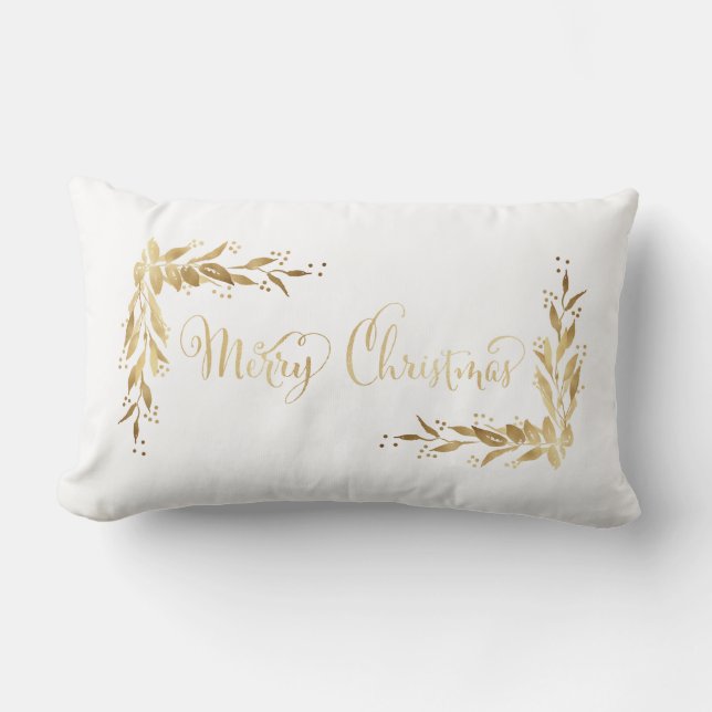 Coussin Rectangle Merry Gold Christmas Holly Berry Wreath on White (Recto)