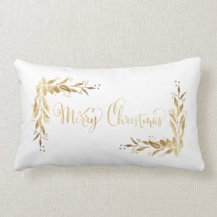 Coussin Rectangle Merry Gold Christmas Holly Berry Wreath on White