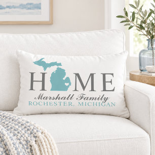 Coussin Rectangle Michigan Accueil Aqua Gris Famille Monogramme