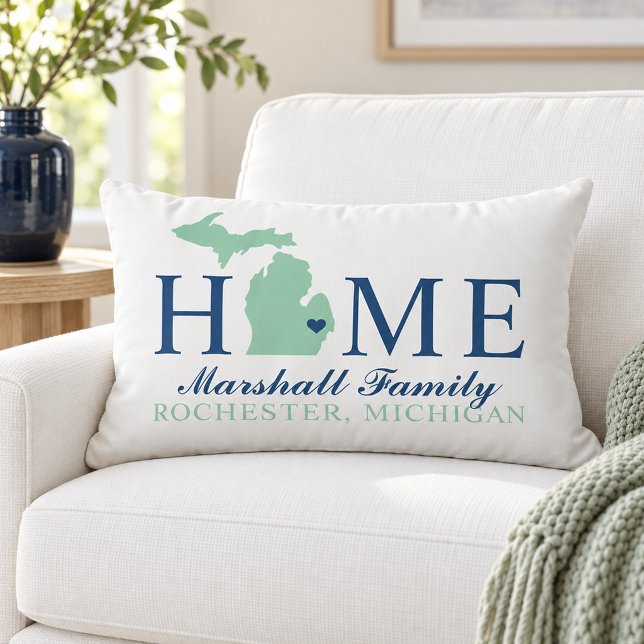 Coussin Rectangle Michigan Maison Monogramme État Navy Famille (Créateur téléchargé)