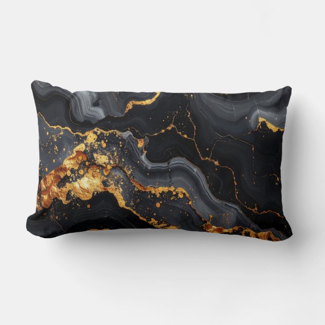 Coussin Rectangle Midnight Onyx & Gold Leaf Abstract Pillow (Recto)