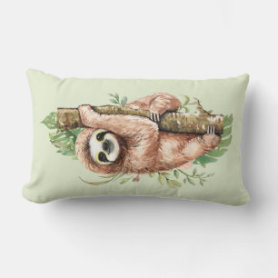 Coussin Rectangle Mignon paresseux aquarelle et feuilles tropicales