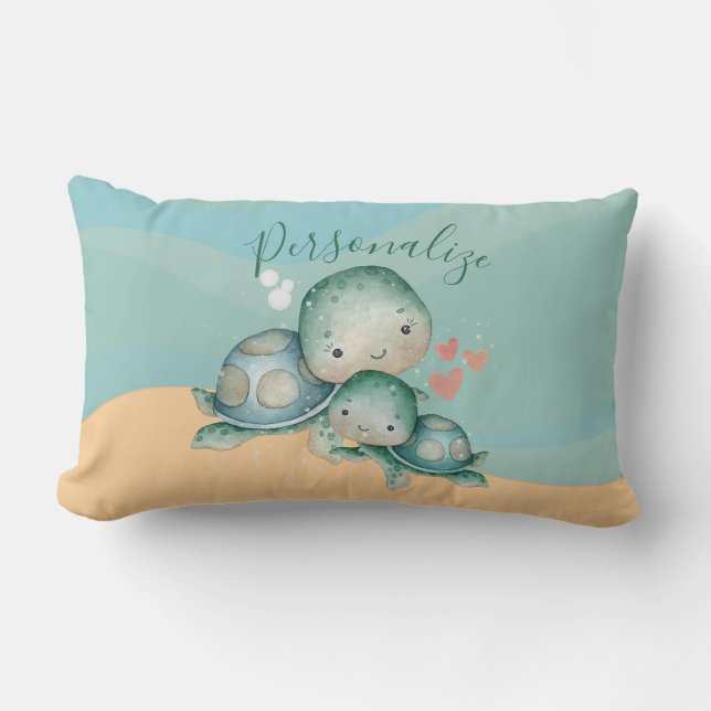 Coussin Rectangle Mignonne maman Bébé Mer Turtle Vert Personnaliser (Recto)