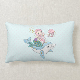 Coussin Rectangle Mignonne sirène chevauchant un dauphin sous la mer