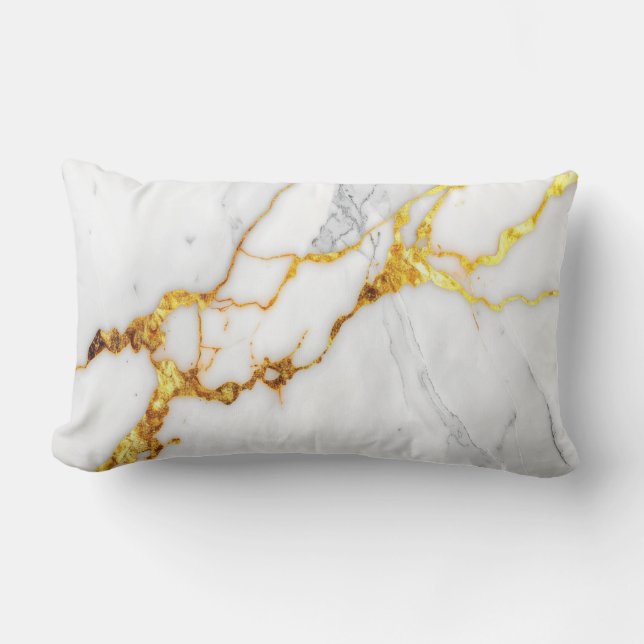Coussin Rectangle Minimalist White Carrara Marble & GoldVeins Pillow (Recto)