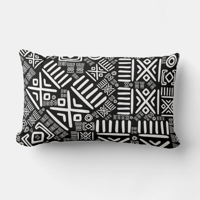Coussin Rectangle Modèle africain ethnique #6 noir et blanc (Recto)
