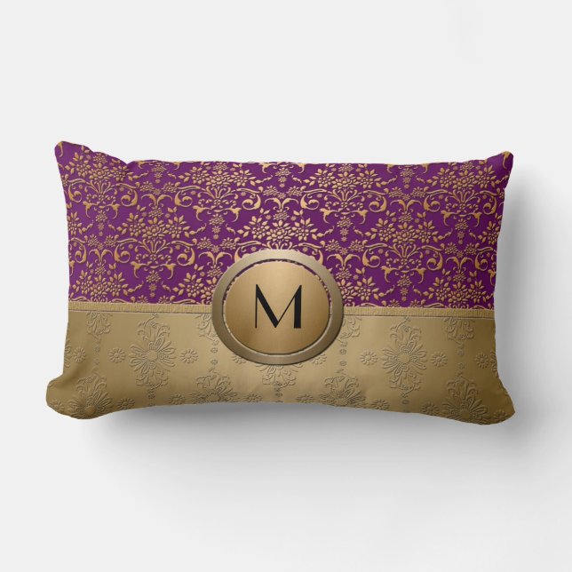 Coussin Rectangle Modèle de Damas de monogramme violet et or (Recto)