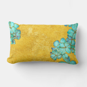 Coussin Rectangle Modèle floral Turquoise texturé et doré Lumbar Pil