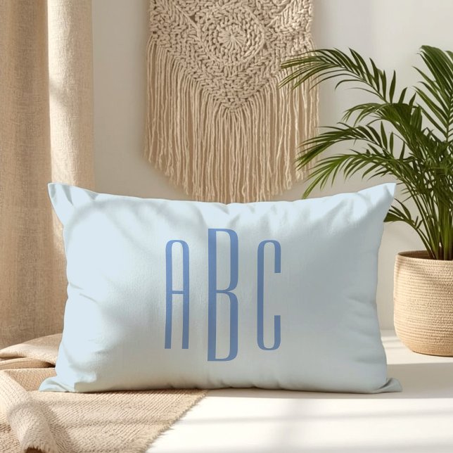 Coussin Rectangle Moderne à trois lettres Monogramme bleu clair (Modern Three Letter Monogram Light Blue Lumbar Pillow)