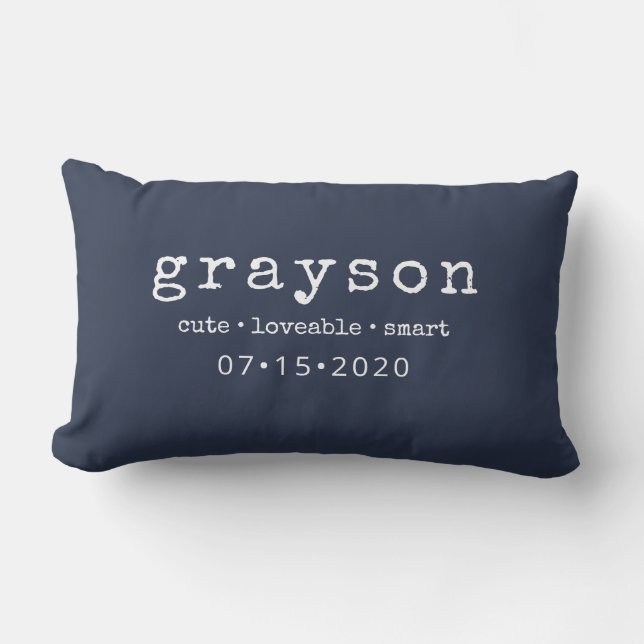 Coussin Rectangle Moderne Nom Personnalisé Date de Naissance Bleu (Recto)