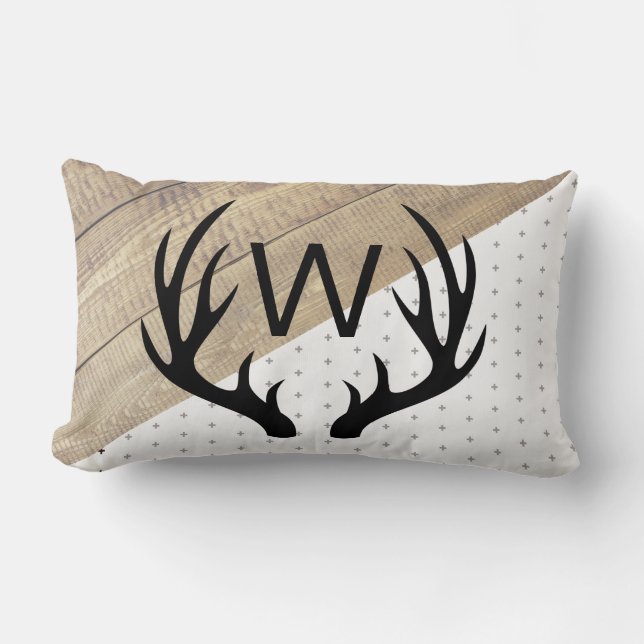 Coussin Rectangle Moderne Rustique Antlers Noirs & Motif Bois (Recto)