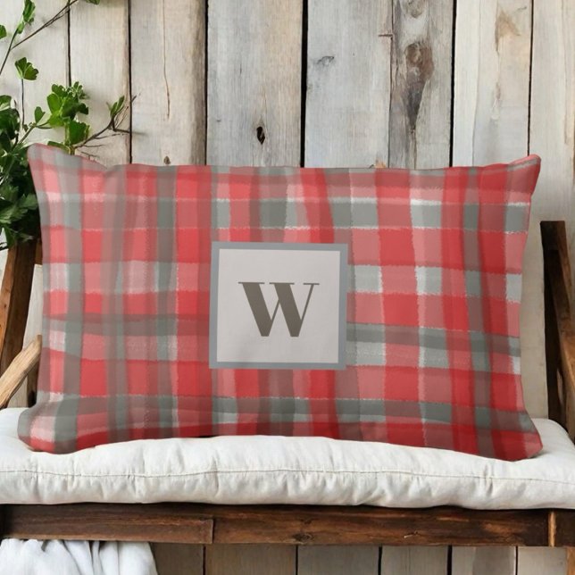 Coussin Rectangle Monogram plaid tartan check red gray watercolor  (Créateur téléchargé)
