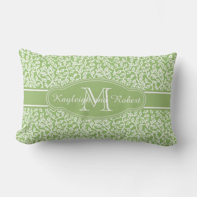 Coussin Rectangle Monogram White Leafy Motif sur Apple Green (Recto)
