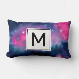 Coussin Rectangle Monogramme Abstrait Galaxie et Étoiles Rose et Ble