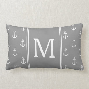 Coussin Rectangle Monogramme Ancres Gris et Blanc