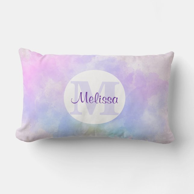 Coussin Rectangle Monogramme aquarelle rose violet bleu élégant (Recto)