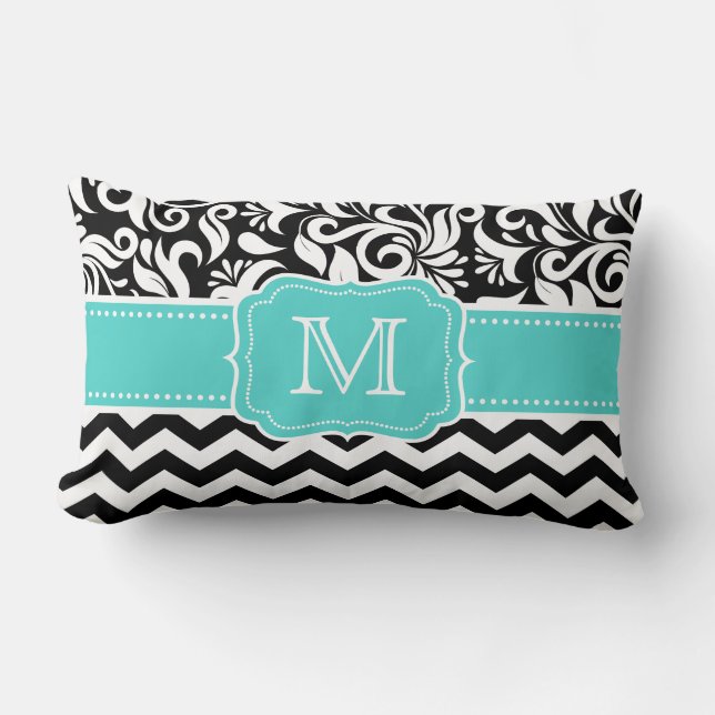 Coussin Rectangle Monogramme blanc noir vert turquoise de damassé de (Recto)
