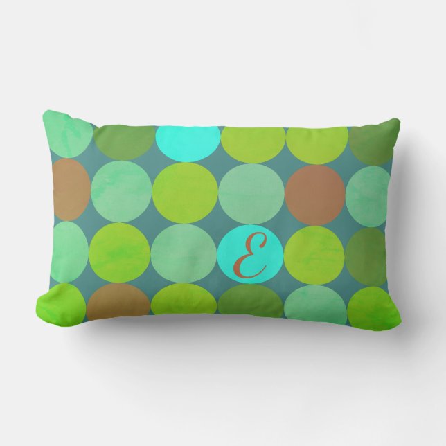 Coussin Rectangle Monogramme Cercles Vert Citron Turquoise & Rouille (Recto)