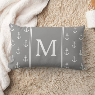 Coussin Rectangle Monogramme d'ancres gris Dove et blanc