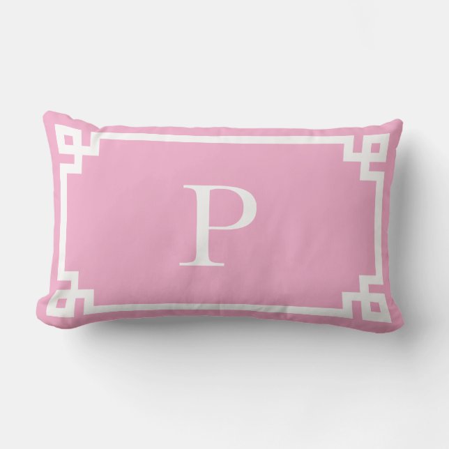 Coussin Rectangle Monogramme de clé grecque rose pâle et blanche (Recto)