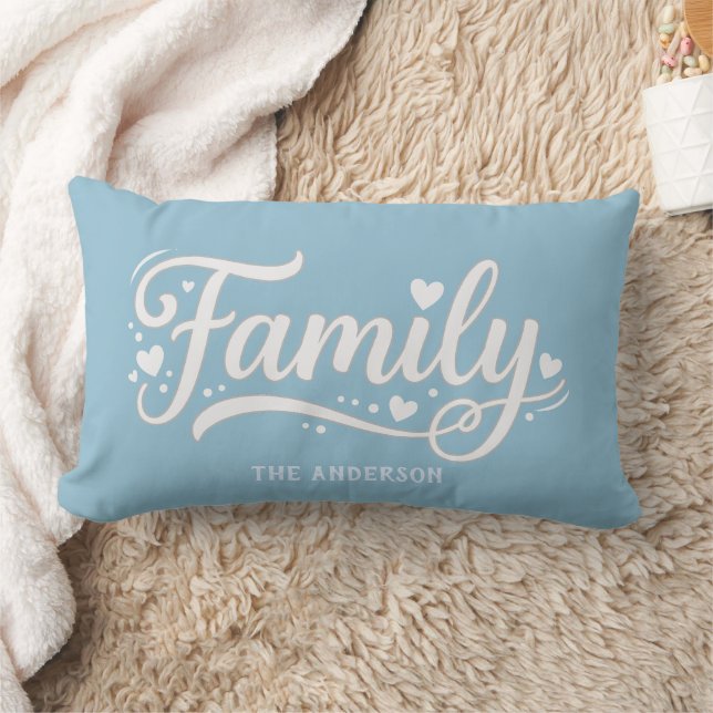 Coussin Rectangle Monogramme de cœur de famille en bleu clair Script (Couverture)