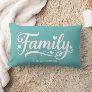Coussin Rectangle Monogramme de cœur de famille en écriture sarcelle