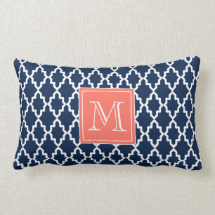 Coussin Rectangle Monogramme de corail marocain de bleu marine