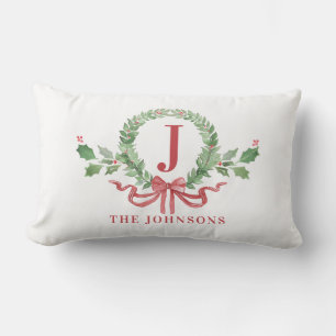 Coussin Rectangle Monogramme de couronne de Noël avec nom