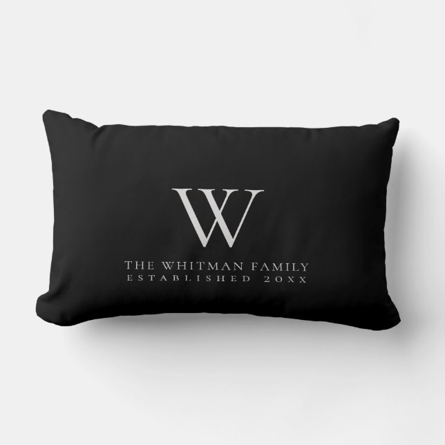 Coussin Rectangle Monogramme de famille Moderne Noir Gris (Recto)