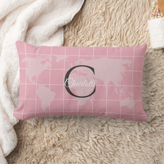 Coussin Rectangle Monogramme de grille de carte du monde rose millén (Couverture)
