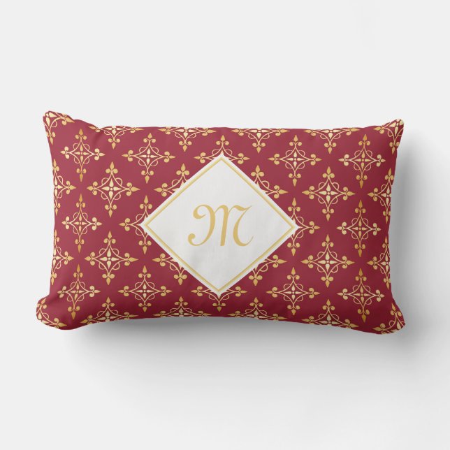Coussin Rectangle Monogramme de luxe Rouge et Or Quatre Floral (Recto)