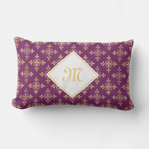 Coussin Rectangle Monogramme de luxe violet et or Quatre Floral