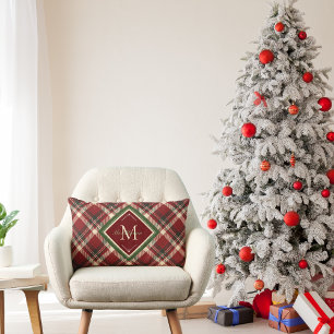Coussin Rectangle Monogramme de Noël rustique Rouge Vert Plaid