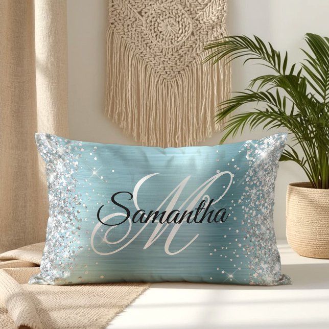 Coussin Rectangle Monogramme de papier d'aluminium bleu clair brilla (Silver Glitter Shiny Light Blue Foil Monogram Lumbar Pillow)