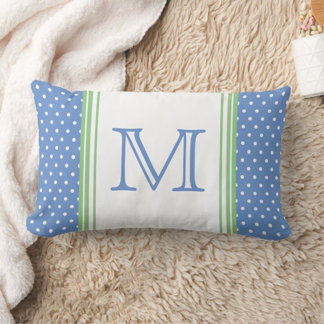 Coussin Rectangle Monogramme de point de polka bleu et vert de Prepp (Couverture)