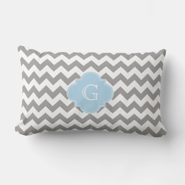 Coussin Rectangle Monogramme de Quatrefoil bleu clair de Chevron gri (Recto)