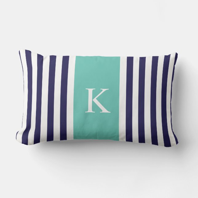 Coussin Rectangle Monogramme de rayures de Teal de marine (Recto)