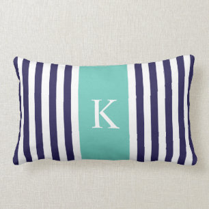 Coussin Rectangle Monogramme de rayures de Teal de marine
