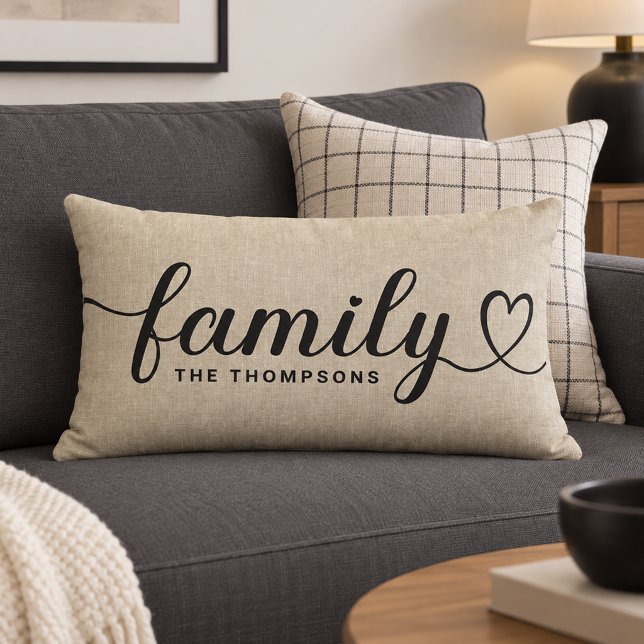 Coussin Rectangle Monogramme de script de cœur de famille en lin rus (Créateur téléchargé)