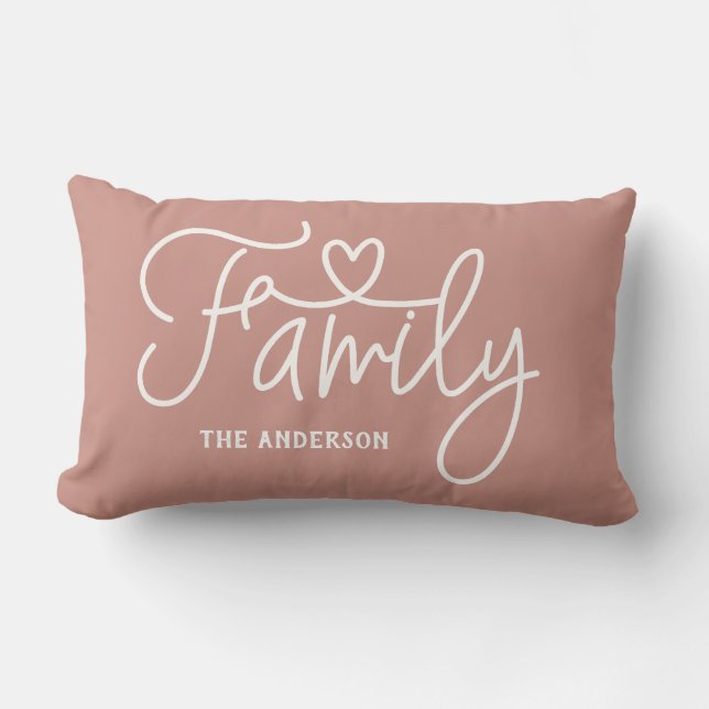 Coussin Rectangle Monogramme de script de cœur de famille rose (Recto)