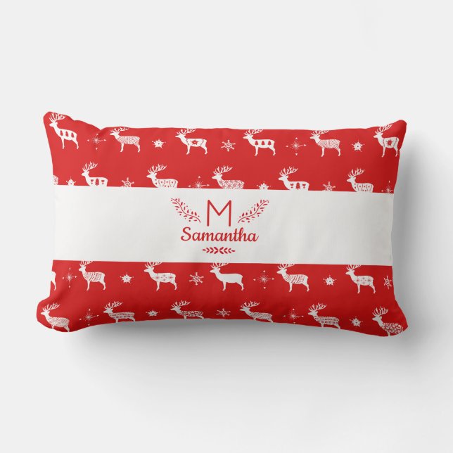 Coussin Rectangle Monogramme de vacances rouge et blanc de renne sca (Recto)