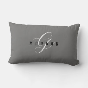 Coussin Rectangle Monogramme élégant blanc écriture et nom noir, Gri