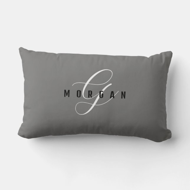 Coussin Rectangle Monogramme élégant blanc écriture et nom noir, Gri (Verso)